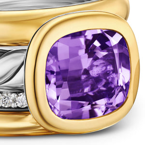 DY Mercer Four Row Stone Ring in Sterling Silver with 18K Yellow Gold, Amethyst and Diamonds, 14mm