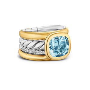 DY Mercer Four Row Stone Ring in Sterling Silver with 18K Yellow Gold, Sky Blue Topaz and Diamonds, 14mm