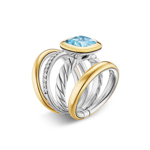 DY Mercer Four Row Stone Ring in Sterling Silver with 18K Yellow Gold, Sky Blue Topaz and Diamonds, 14mm