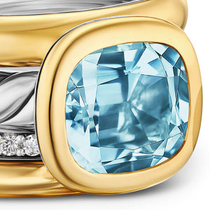 DY Mercer Four Row Stone Ring in Sterling Silver with 18K Yellow Gold, Sky Blue Topaz and Diamonds, 14mm