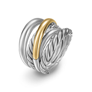 Crossover Five Row Ring in Sterling Silver with 14K Yellow Gold, 17.5mm, Size 8