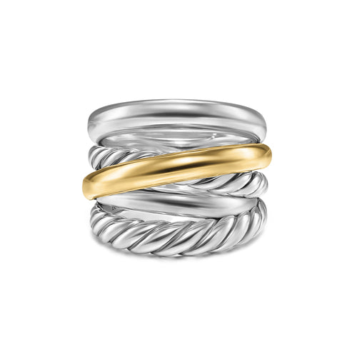 Crossover Five Row Ring in Sterling Silver with 14K Yellow Gold, 17.5mm, Size 8