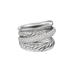 Crossover Five Row Ring in Sterling Silver with Diamonds, 17.5mm, Size 6