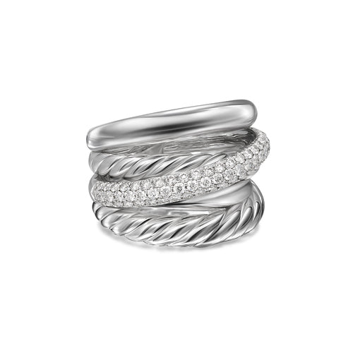 Crossover Five Row Ring in Sterling Silver with Diamonds, 17.5mm, Size 6
