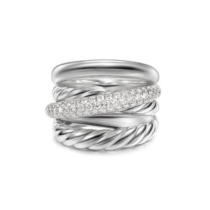 Crossover Five Row Ring in Sterling Silver with Diamonds, 17.5mm, Size 6