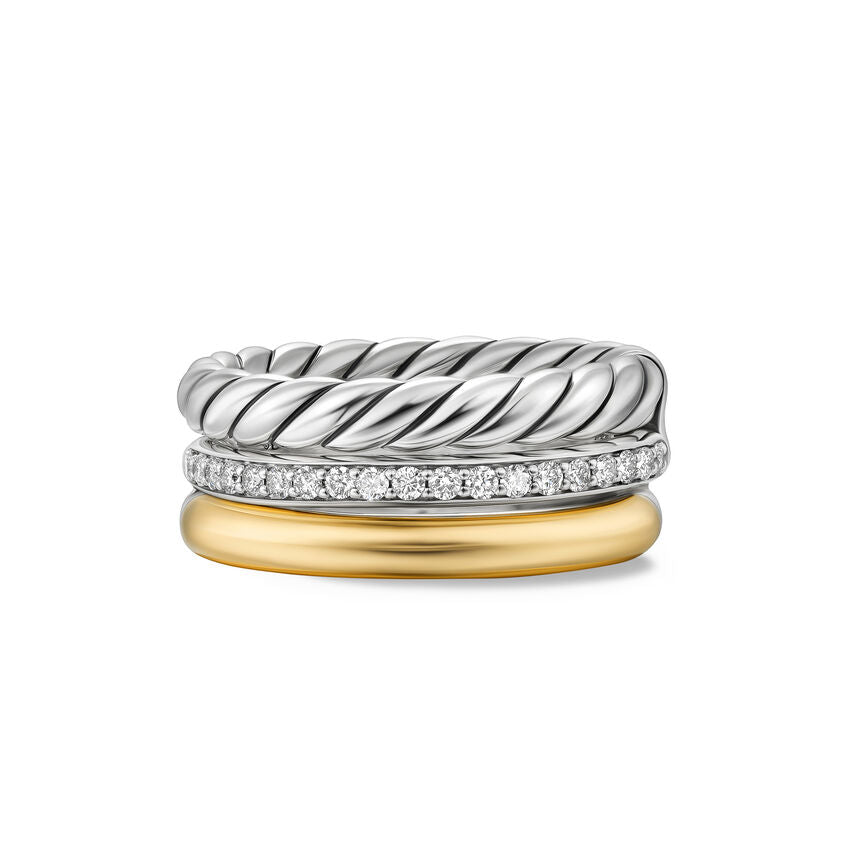 Three Row Ring in Sterling Silver with 18K Yellow Gold and Diamonds, 8.9mm
