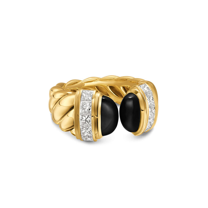 Sculpted Cable Open Ring in Yellow Gold with Black Onyx and Diamonds