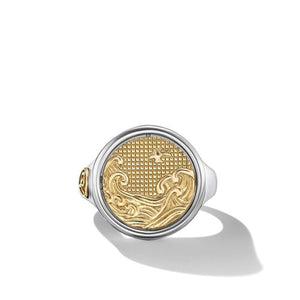 Water and Fire Duality Signet Ring in Sterling Silver with 18K Yellow Gold, Size 10