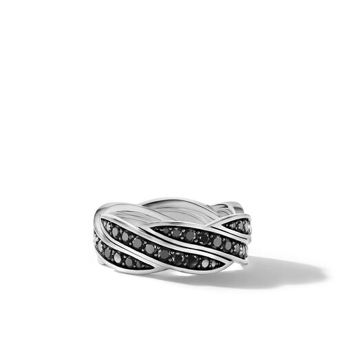 DY Helios Band Ring in Sterling Silver with Pavé Black Diamonds, Size 11