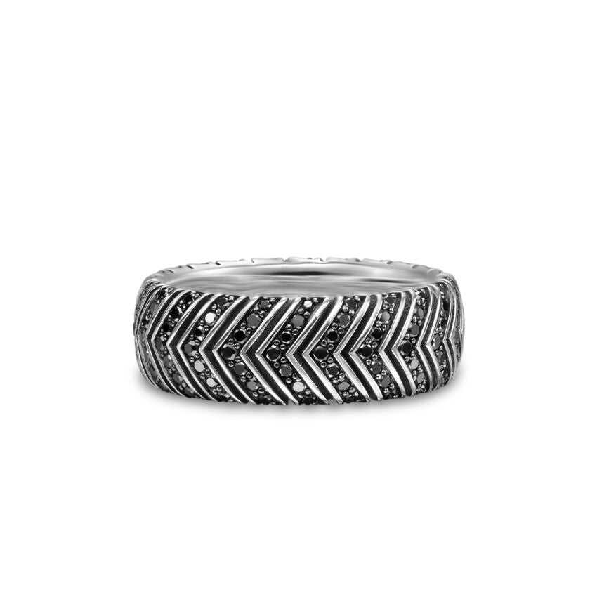 Chevron Band in Sterling Silver with Black Diamonds, 8mm