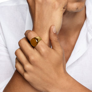 Chevron Signet Ring in 18K Yellow Gold with Tiger's Eye, 18mm