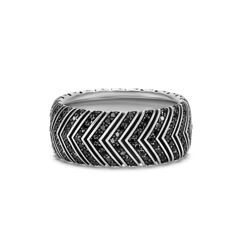 Chevron Band in Sterling Silver with Black Diamonds, 10mm, Size 10