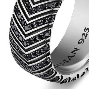 Chevron Band in Sterling Silver with Black Diamonds, 10mm, Size 10
