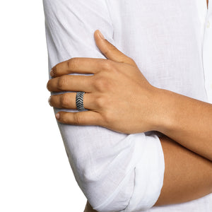 Chevron Band in Sterling Silver with Black Diamonds, 10mm, Size 10
