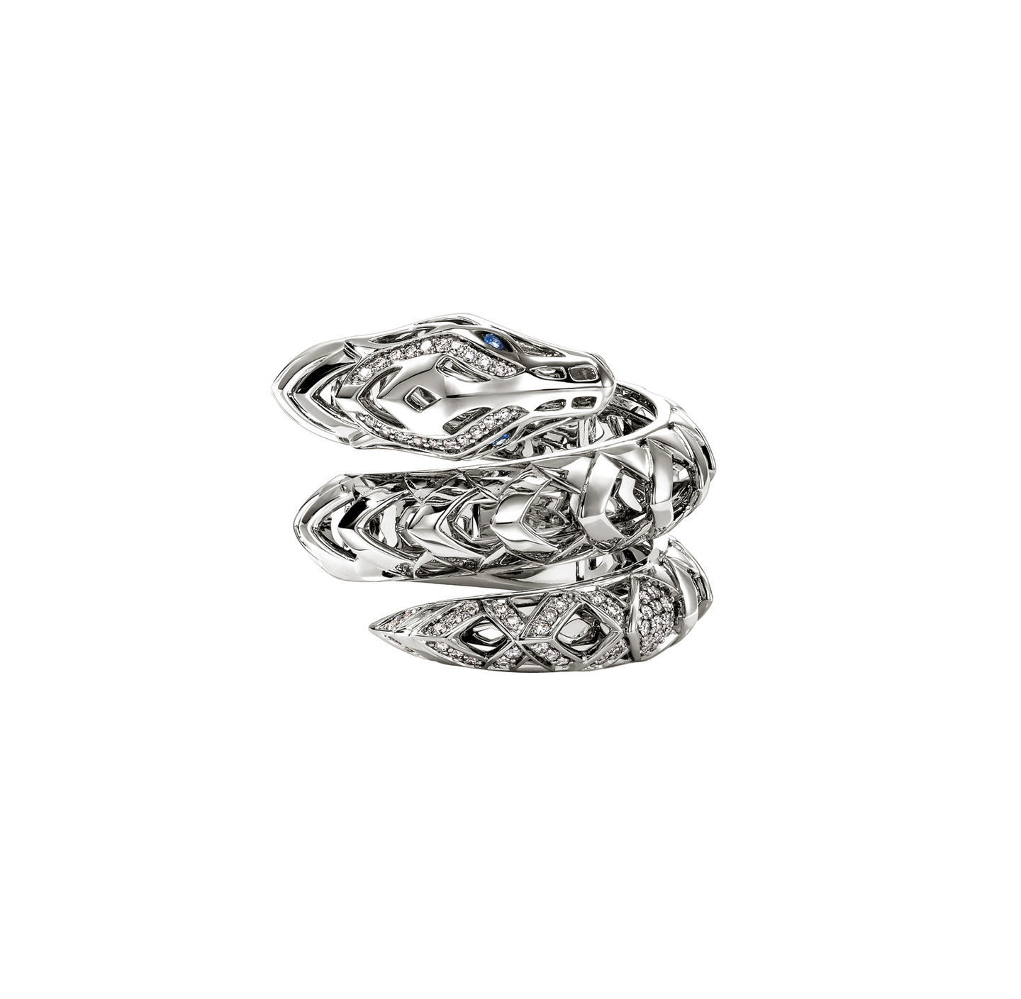 John Hardy Naga Dragon Coil Ring with Blue Sapphire Eyes and Diamonds