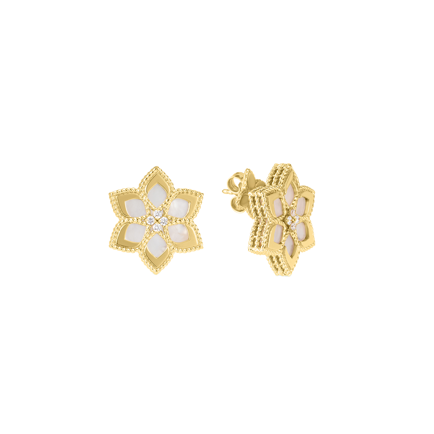 Roberto Coin Vernazza Mother-of-Pearl and Diamond Daisy Earrings set in yellow gold