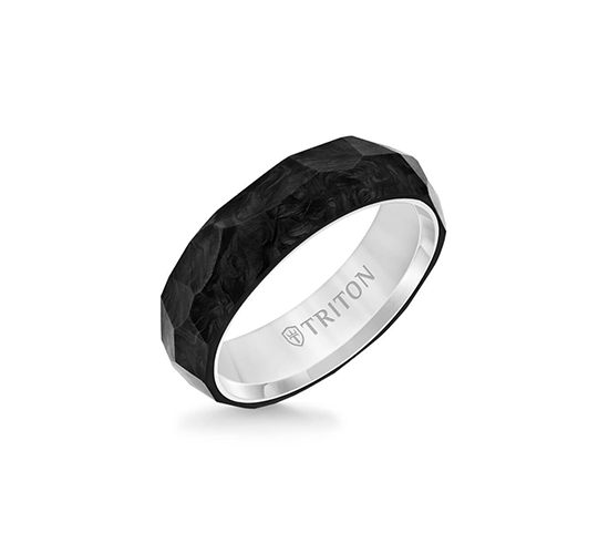 Triton Men's 6.5mm Titanium and Forged Carbon Ring with Faceted Profile