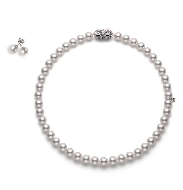 Mikimoto Akoya White Gold Pearl Strand Necklace with Diamonds and Stud Earrings