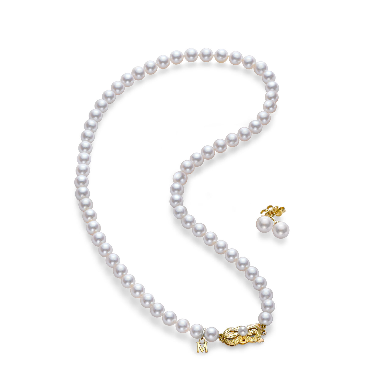 Mikimoto Yellow Gold Pearl Strand Necklace and Stud Earrings