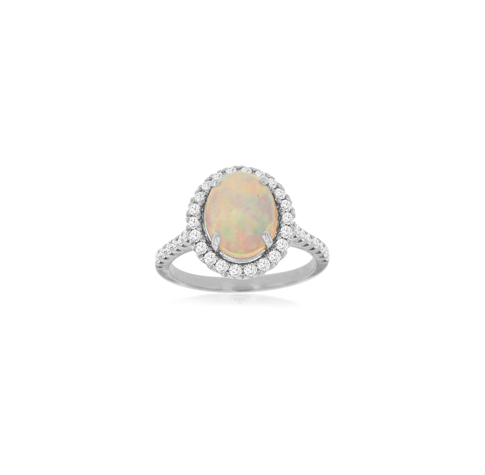 Sabel Collection White Gold Oval Opal and Diamond Halo Shank Ring