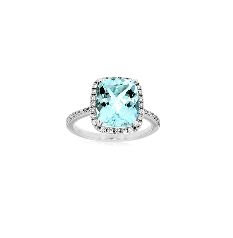 Sabel Collection White Gold Aquamarine and Diamond Halo Ring