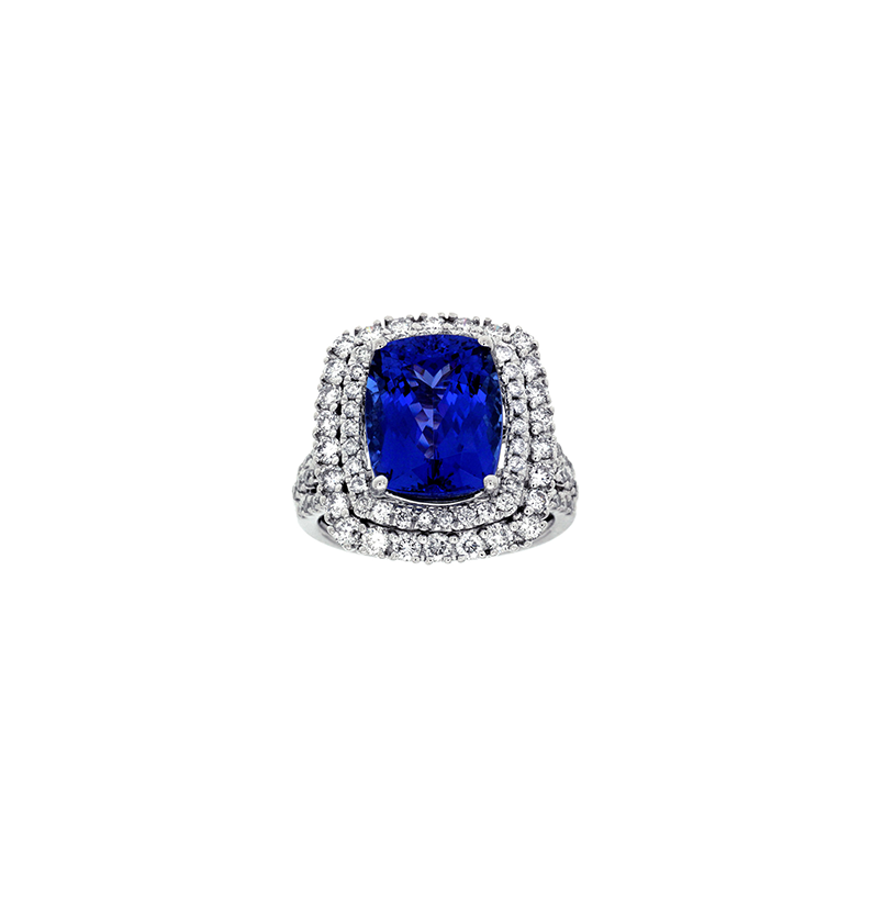Sabel Collection White Gold Cushion Tanzanite and Diamond Double Halo Ring