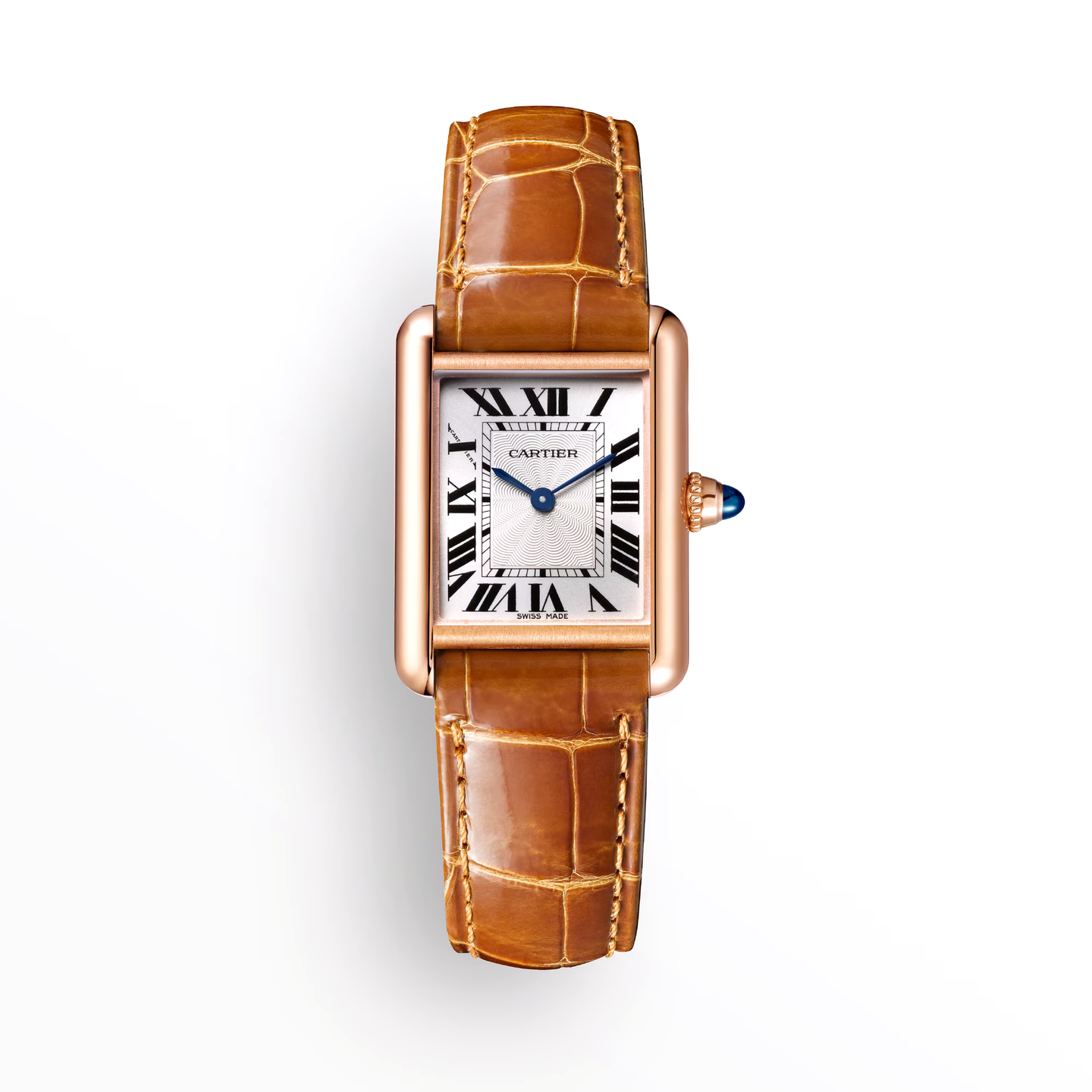 Tank Louis Cartier Watch with Silvered Beaded Dial and Leather Strap