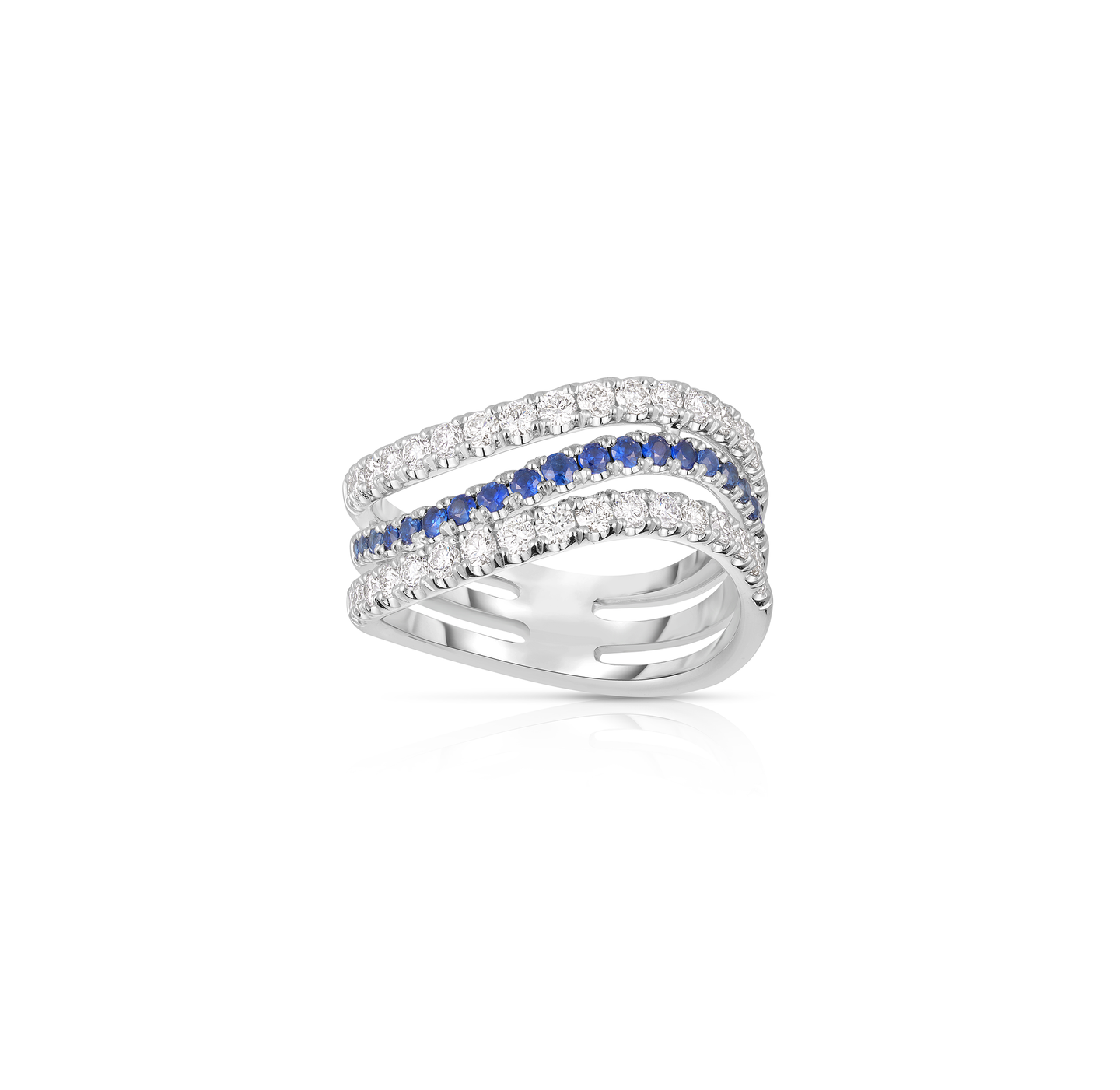 Sabel Collection White Gold 3 Row Diamond and Sapphire Wavy Ring