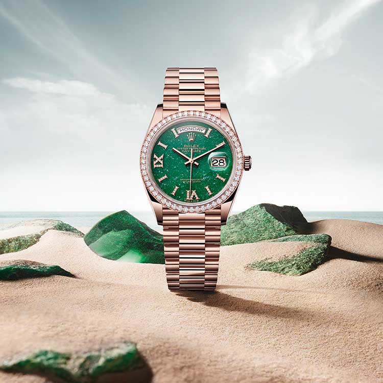 Rolex Day-Date 36 with Green Aventurine Dial in Everose Gold on Sand Display