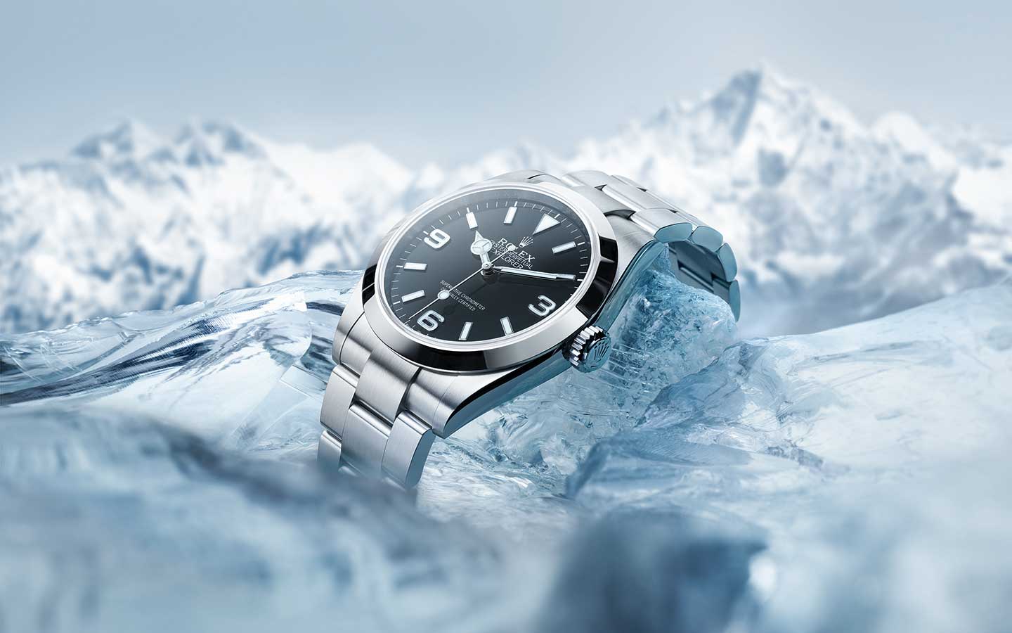 Rolex Explorer in Oystersteel with Oyster Bracelet on Ice Display