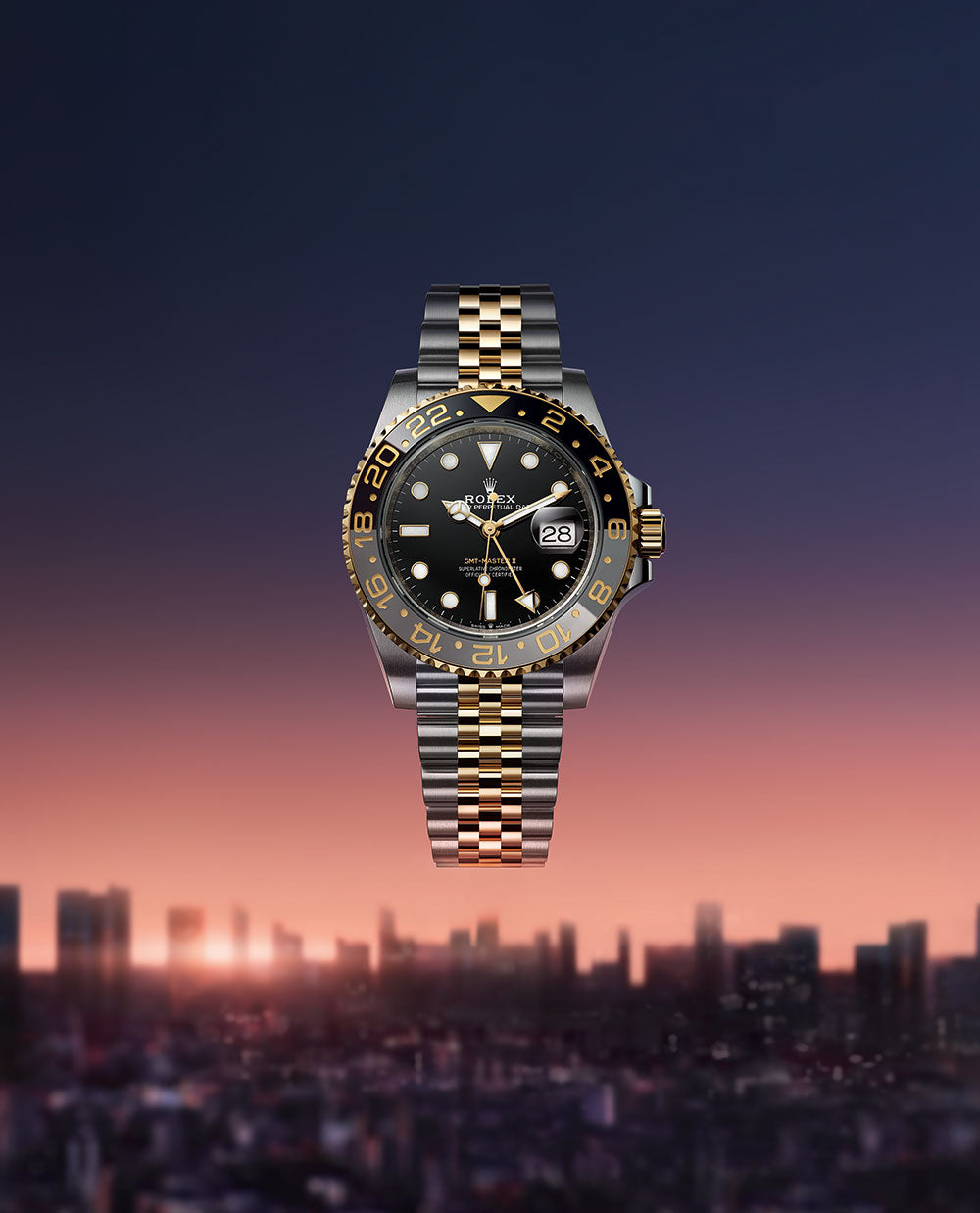 GMT-Master II with Black Lacquer Dial with City Skyline Background