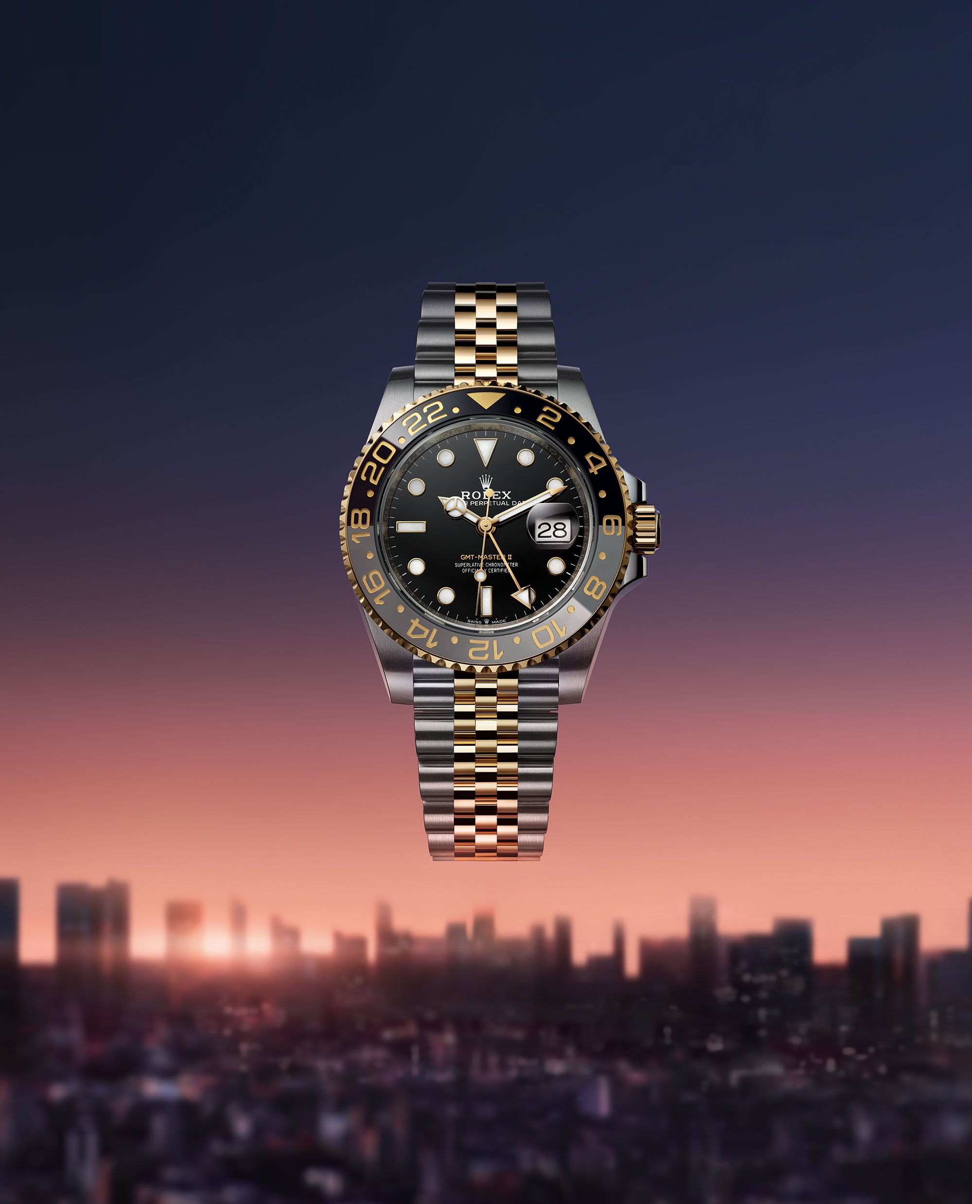 GMT-Master II with Yellow Gold and Black Lacquer Dial with City Skyline Background