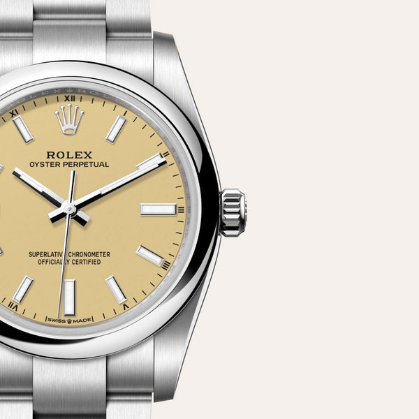 Dial closeup of a Rolex Oyster Perpetual watch