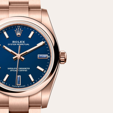 Dial closeup of a Rolex Oyster Perpetual watch