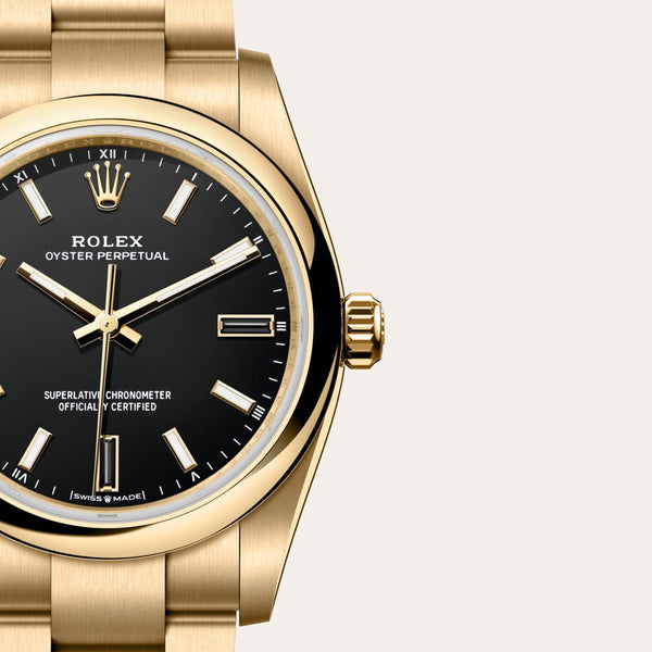 Dial closeup of a Rolex Oyster Perpetual watch