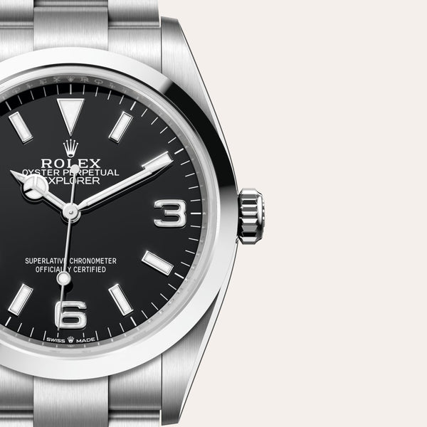 Dial closeup of a Rolex Explorer watch