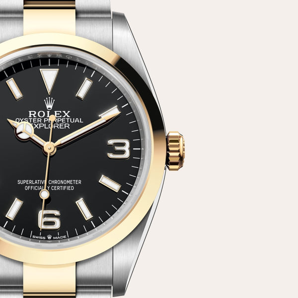 Dial closeup of a Rolex Explorer watch