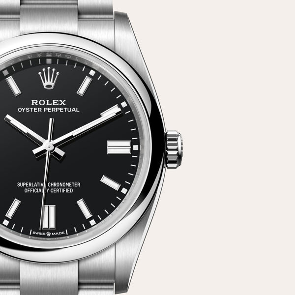 Dial closeup of a Rolex Oyster Perpetual watch