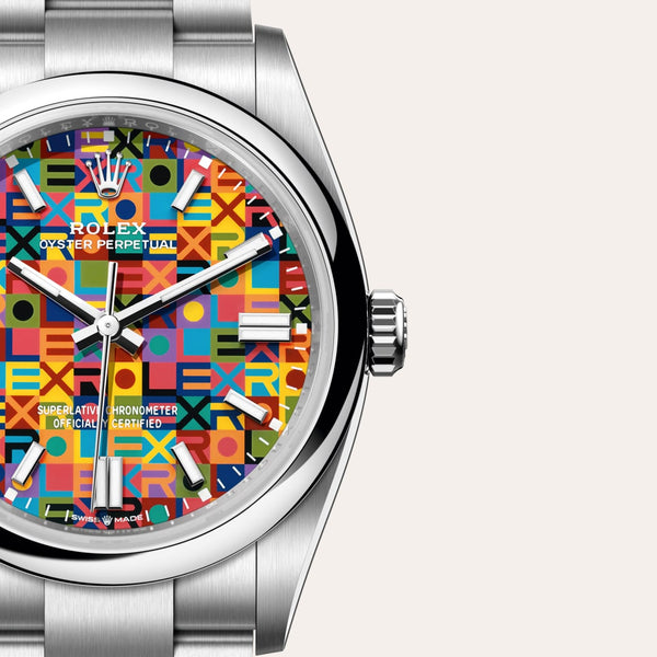 Dial closeup of a Rolex Oyster Perpetual watch
