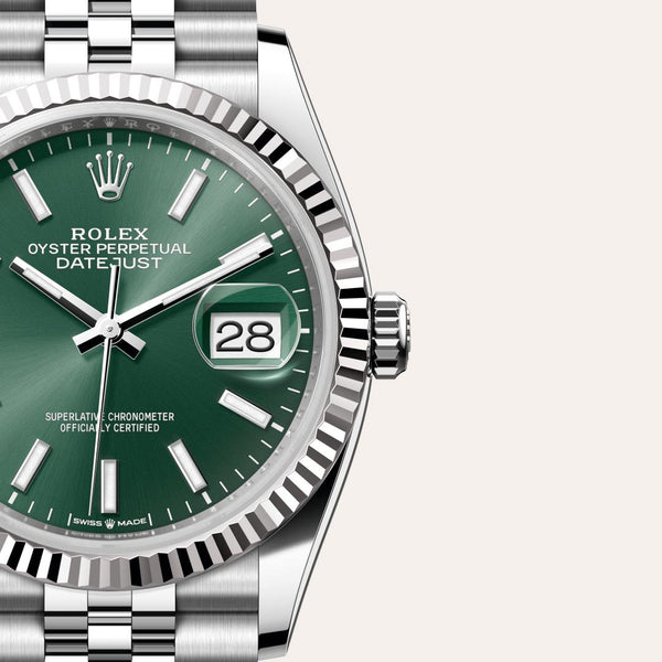 Dial closeup of a Rolex Datejust watch