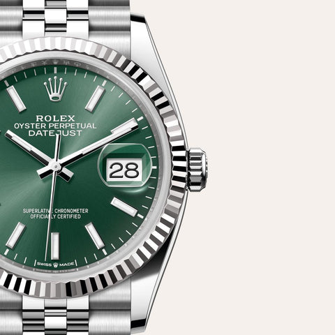 Dial closeup of a Rolex Datejust watch
