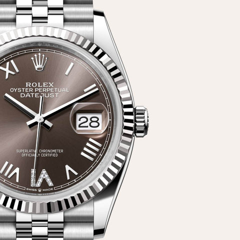Dial closeup of a Rolex Datejust watch
