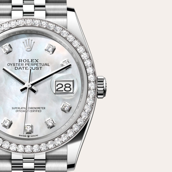 Dial closeup of a Rolex Datejust watch