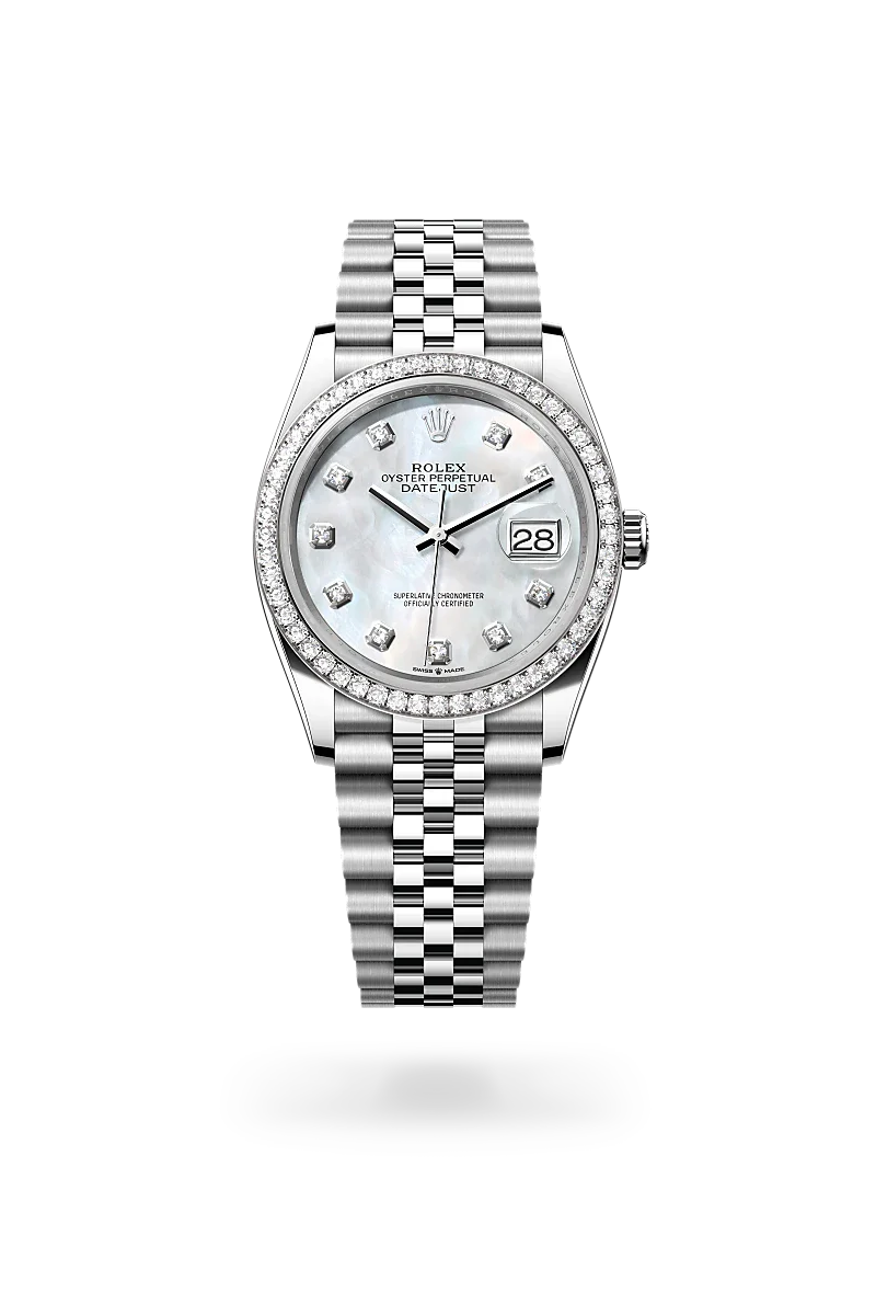Rolex Datejust 36 in Oystersteel, White Gold, and Diamonds, m126284rbr-0011 Upright with Shadow - Fink's Jewelers