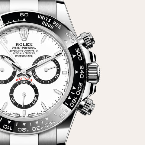 Dial closeup of a Rolex Cosmograph Daytona watch