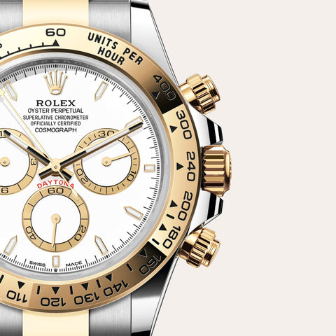 Dial closeup of a Rolex Cosmograph Daytona watch