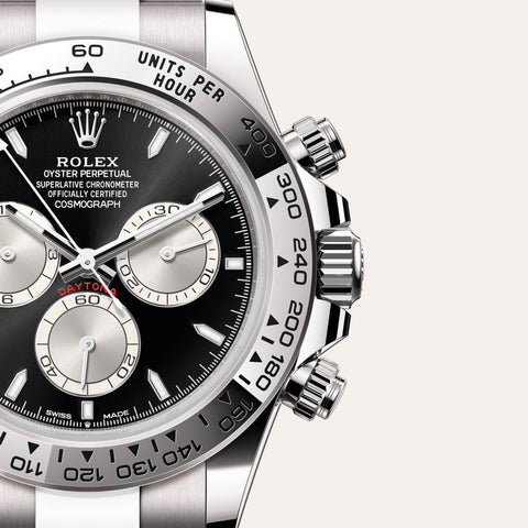 Dial closeup of a Rolex Cosmograph Daytona watch