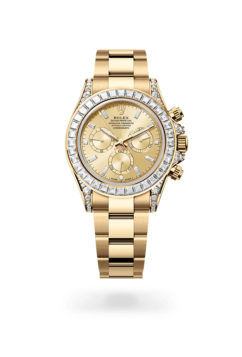 Rolex Cosmograph Daytona in Yellow Gold and Diamonds, m126598tbr-0001 Upright with Shadow - Fink's Jewelers