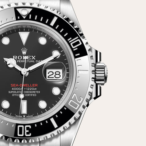Dial closeup of a Rolex Sea-Dweller watch