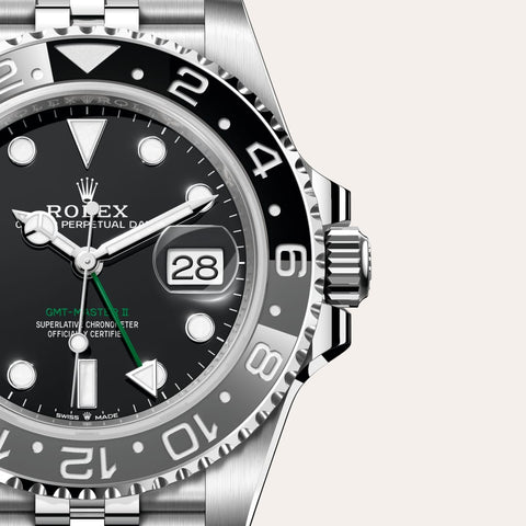 Dial closeup of a Rolex GMT-Master II watch